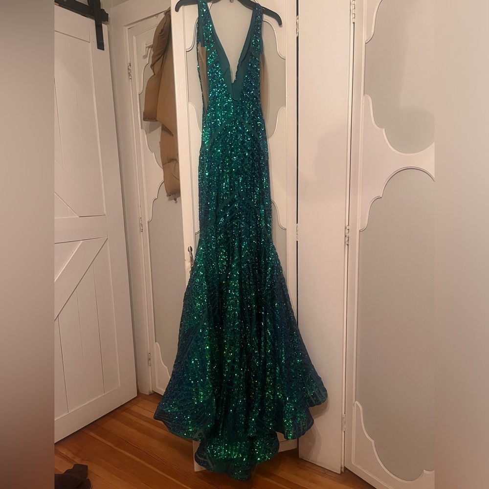 Jovani iridescent teal evening gown